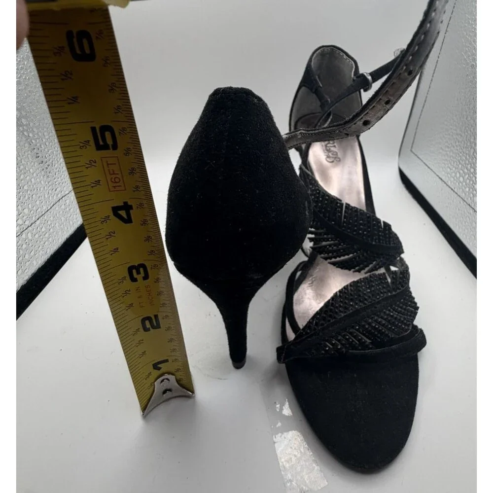 🖤👠 Carlos Santana Women's Black Leather Heels with Feather Accents | Size 6 ✨